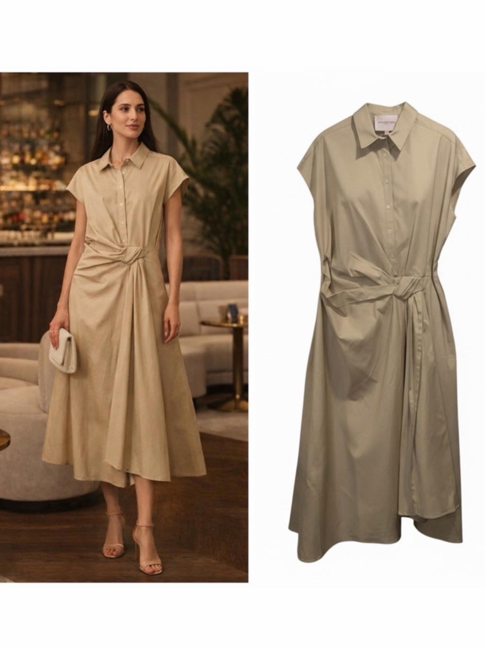 CAROLINA HERRERA Sand Cotton Shirt Dress Side Knot Cap Sleeve US 20 NWT ⚪️